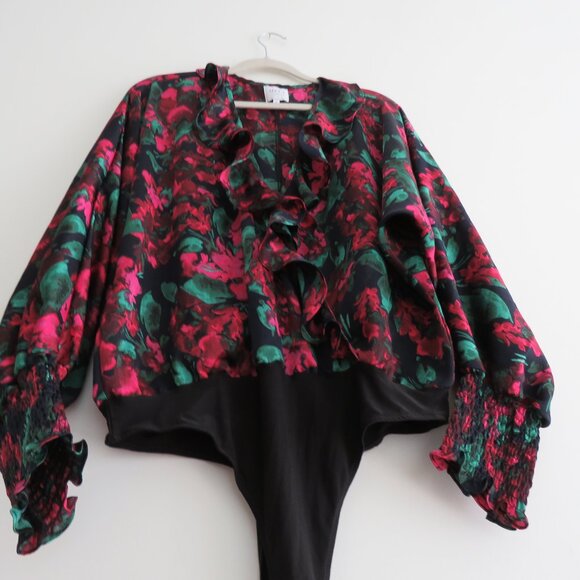 MISA LOS ANGELES Talah Floral Ruffle Satin Bodysuit Boho Romantic - Size L - Picture 12 of 16